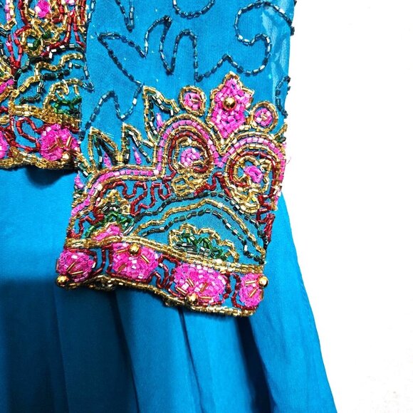 Adrianne Papell Turquoise Silk Pink & Gold Lavishly Beaded VTG 90s Evening Dress - Picture 6 of 12